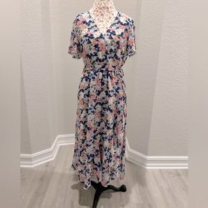 PRETTYGARDEN Floral Boho Wrap Short Sleeve Belted Ruffle Hem Flowy Maxi Dress